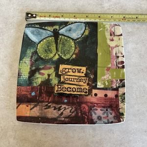 Creative Co-Op Square Plate 7.5” Inches Quote: Grow. Journey. Become. Colorful